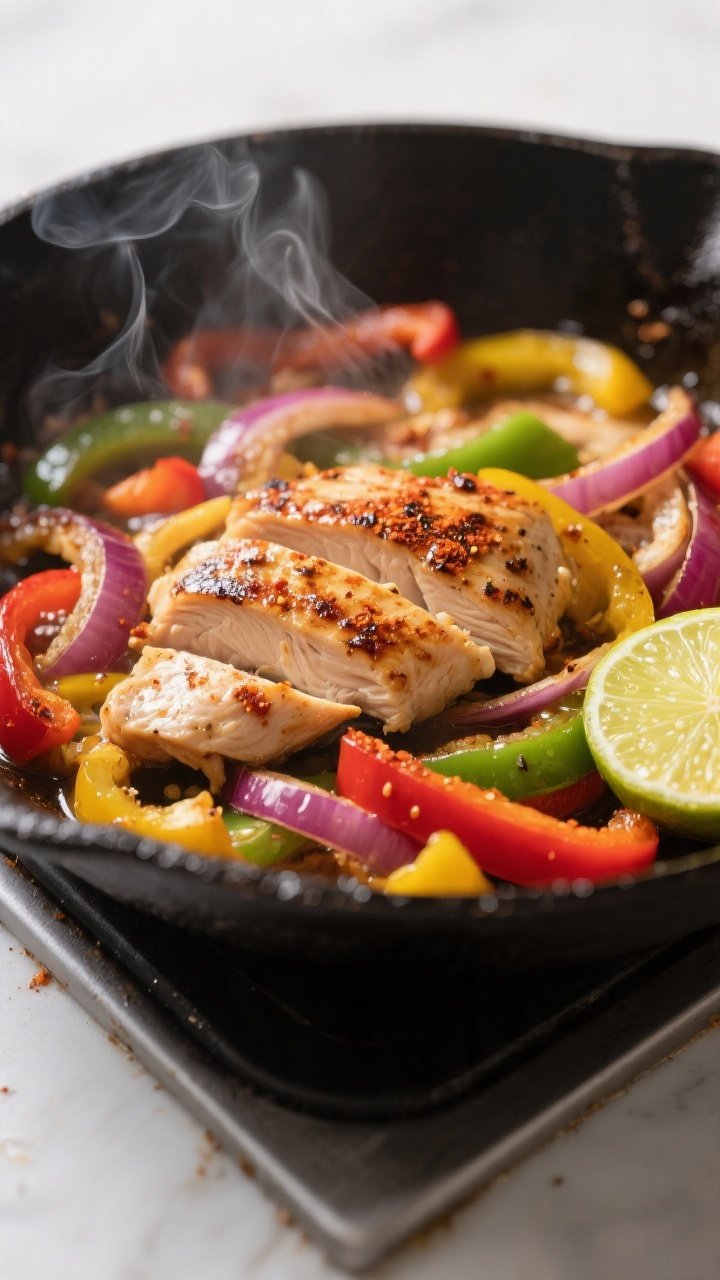 Cooking process close-up: Sizzling chicken fajitas in a cast-iron skillet, showing thinly sliced, we