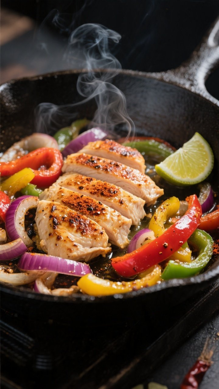 Cooking process close-up: Sizzling chicken fajitas in a hot cast-iron skillet, showing thinly sliced