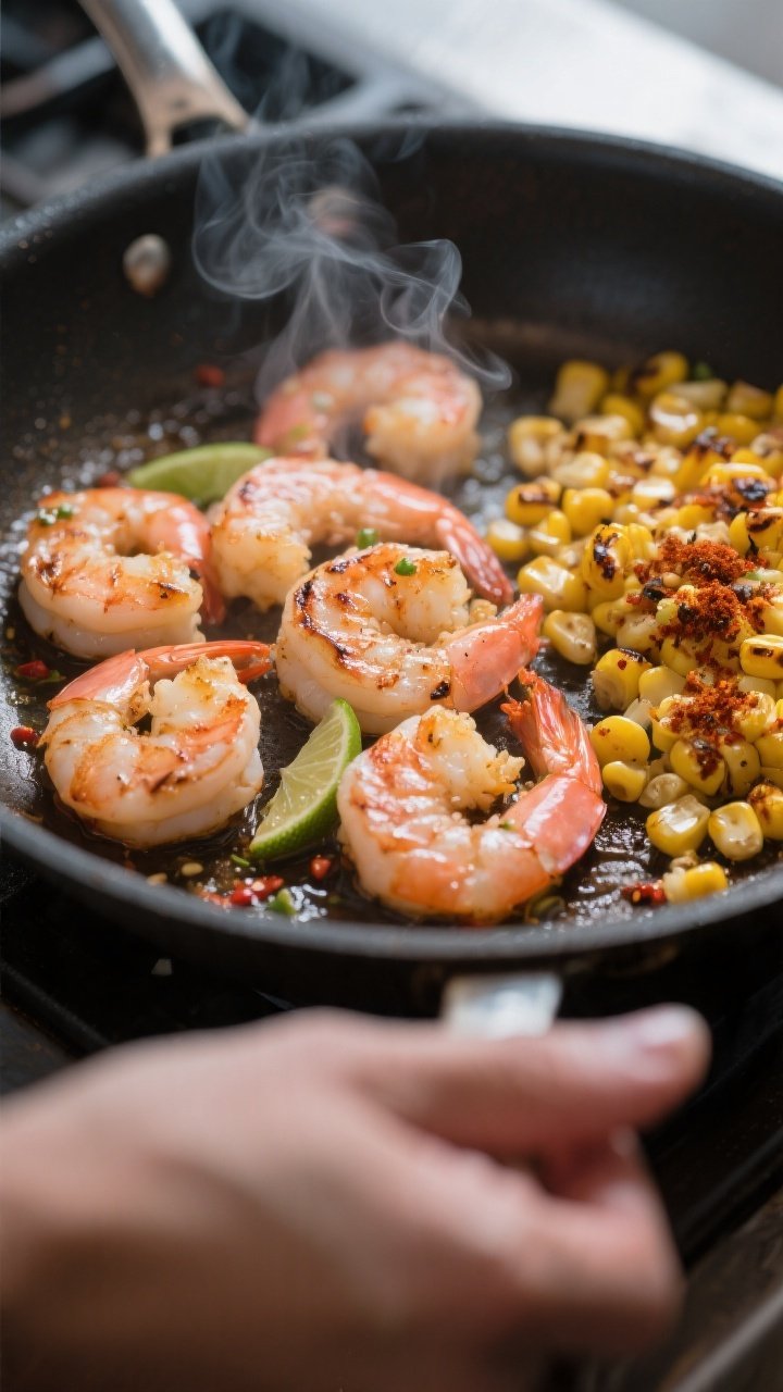 Cooking process close-up: Sizzling chili-lime shrimp in a hot skillet, mid-sear with light char mark
