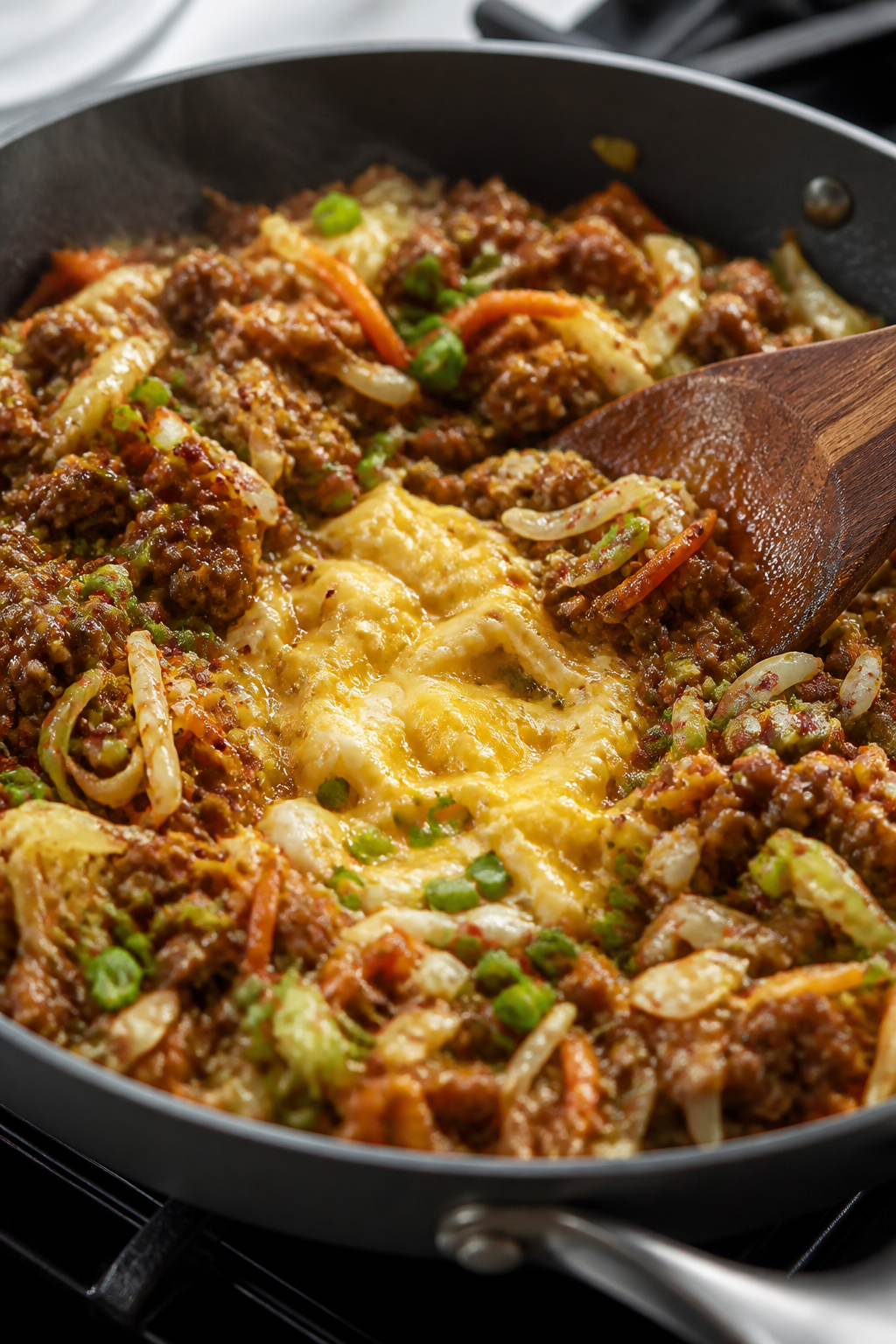 Cooking process close-up: Sizzling “egg roll in a bowl” in a large skillet, medium-high heat, sh