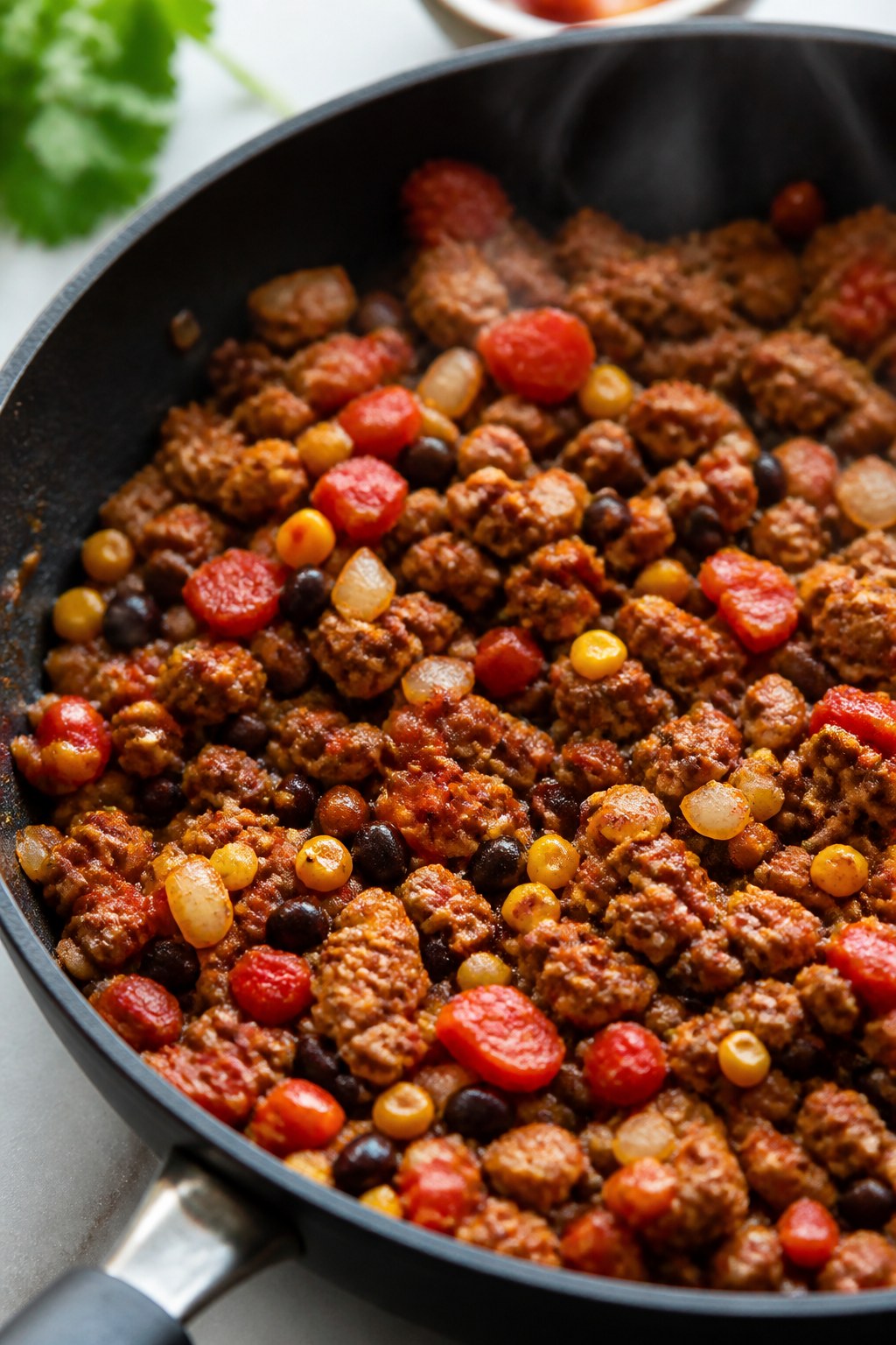 Cooking process close-up: Sizzling ground turkey browning in a wide skillet with diced onion and red