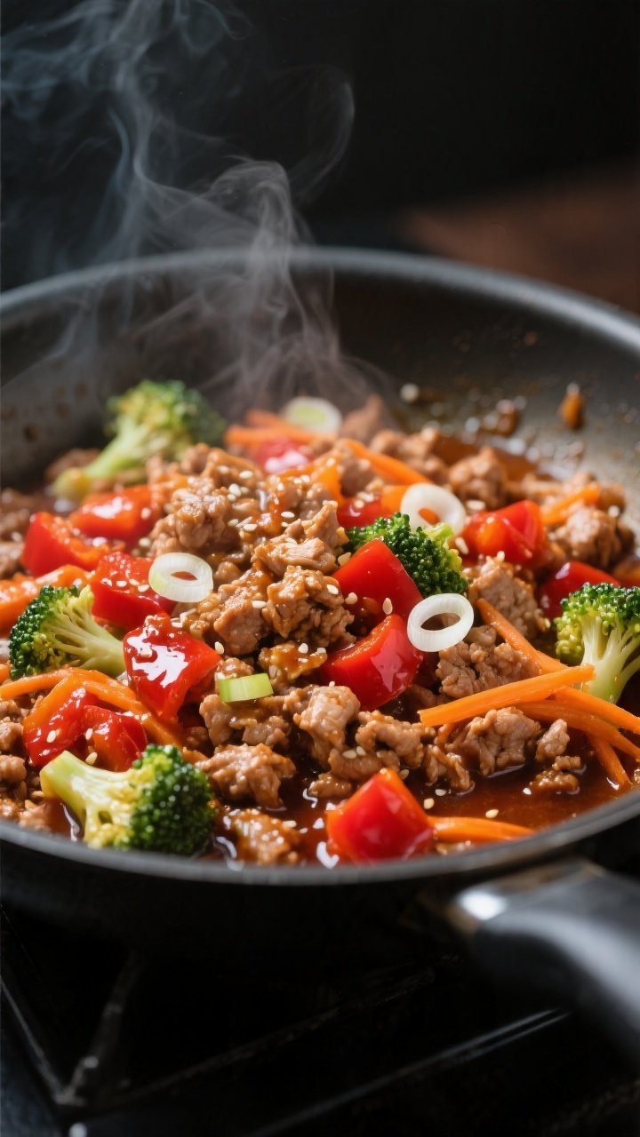 Cooking process close-up: Sizzling ground turkey in a wide skillet just after browning, coated in gl