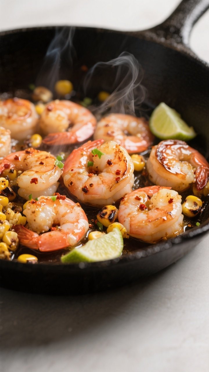 Cooking process close-up: Sizzling honey-lime shrimp in a hot skillet, shrimp just turned pink and l
