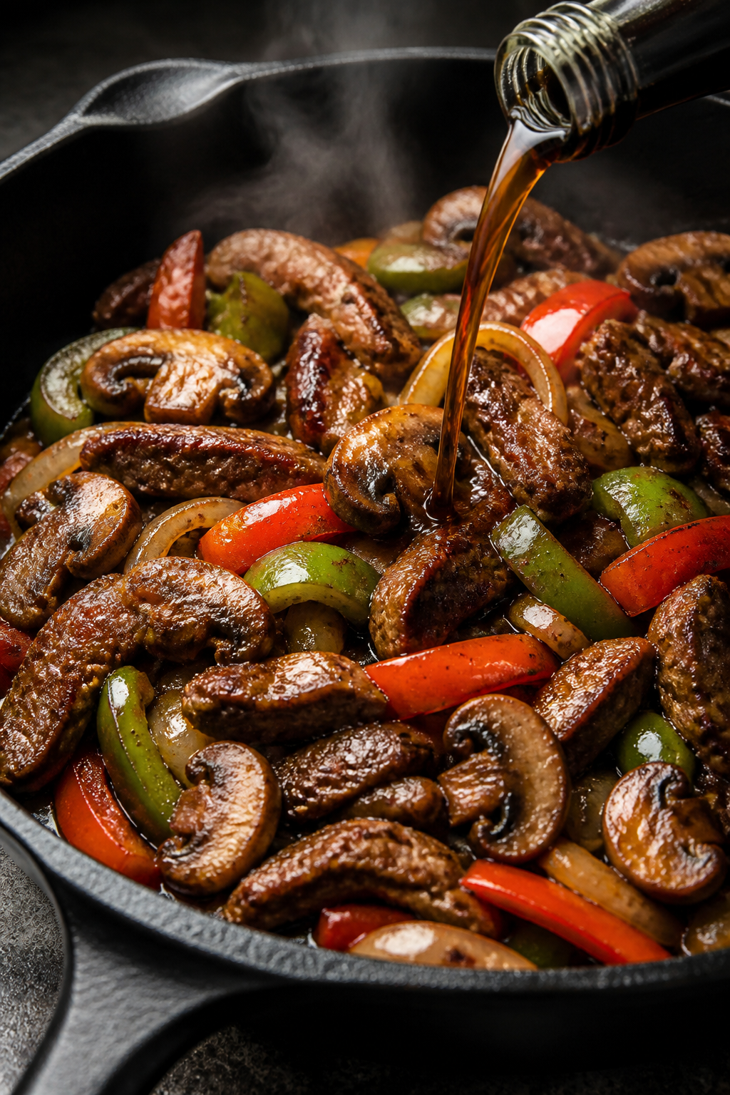 Cooking process close-up: Sizzling sauté of browned beef ribbons with caramelized onions, green and
