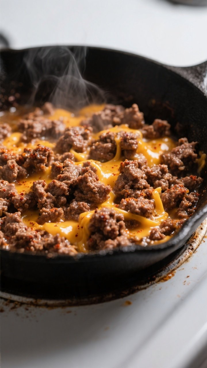 Cooking process close-up: Skillet of seasoned ground beef sizzling over medium-high heat, browned cr