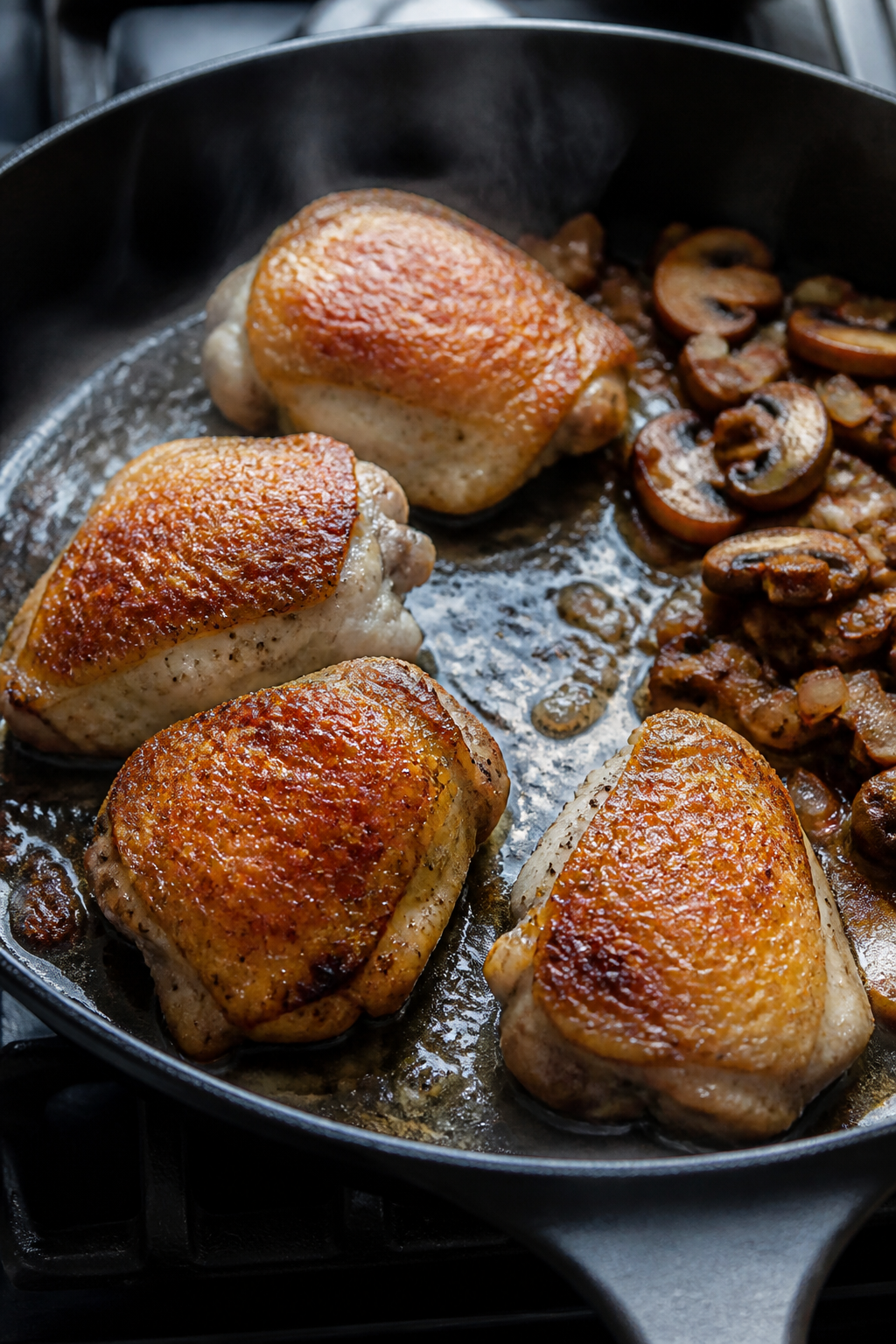 Cooking process close-up: Skin-on chicken thighs sizzling skin-side down in a heavy skillet, deeply 