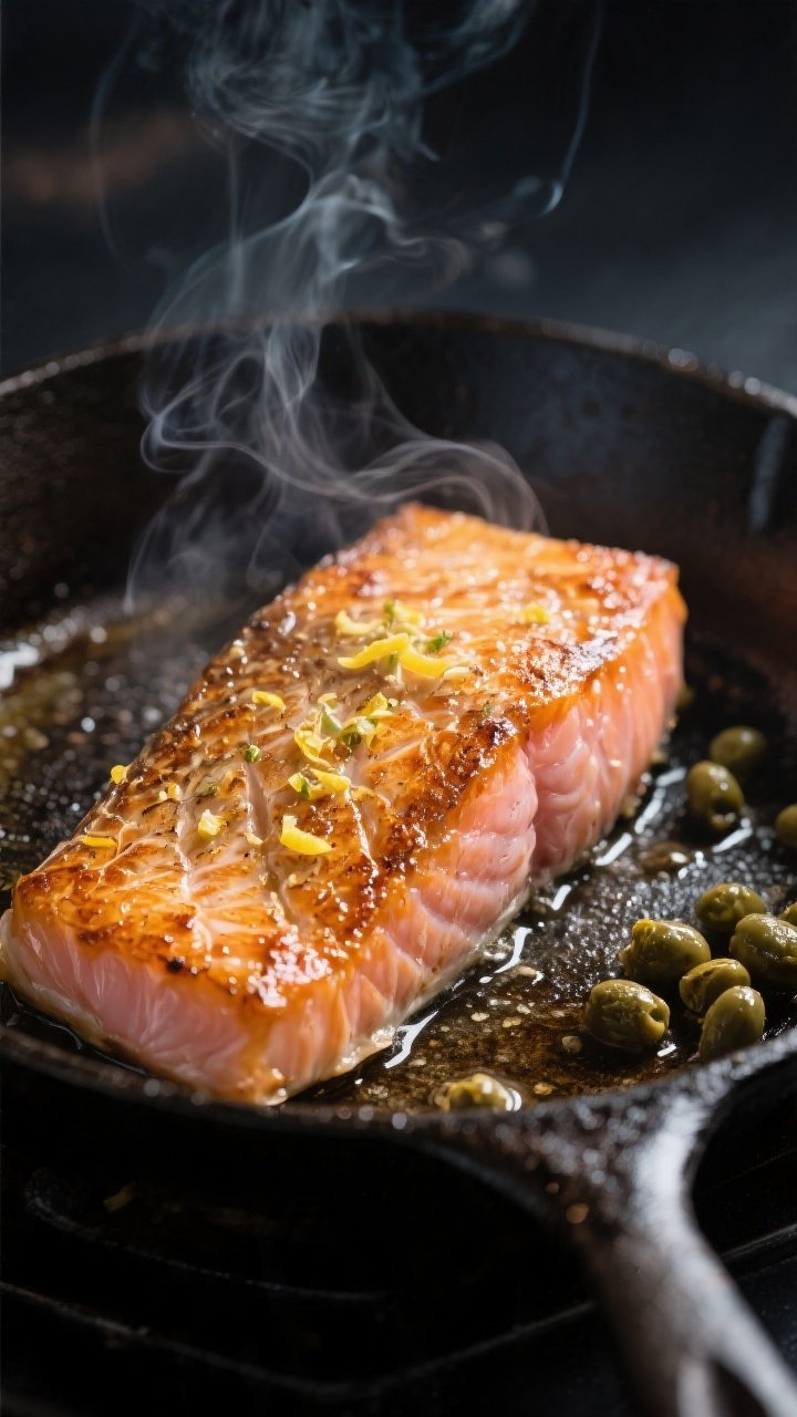 Cooking process close-up: Skin-on salmon fillet searing skin-side down in a preheated cast-iron skil