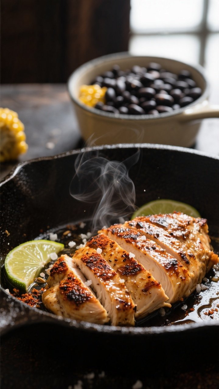 Cooking process, close-up: Sliced chipotle-lime chicken just off a hot cast-iron skillet, glistening