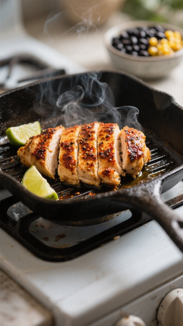 Cooking process, close-up: Sliced chipotle-lime marinated chicken searing on a hot cast-iron grill p