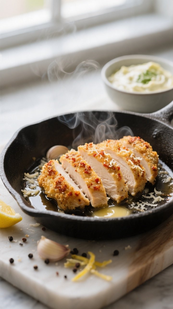 Cooking process close-up: Sliced garlic Parmesan–crusted chicken just off the skillet, golden-brow