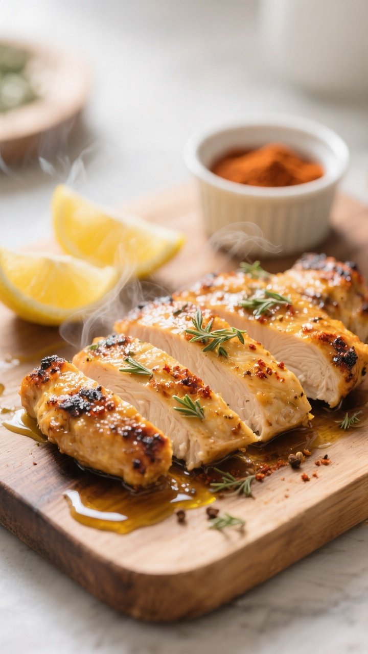Cooking process close-up: Sliced, golden-brown marinated chicken just off the grill, resting on a wo