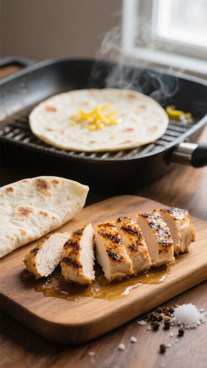 Cooking process close-up: Sliced grilled chicken just off a grill pan, showing defined char marks an