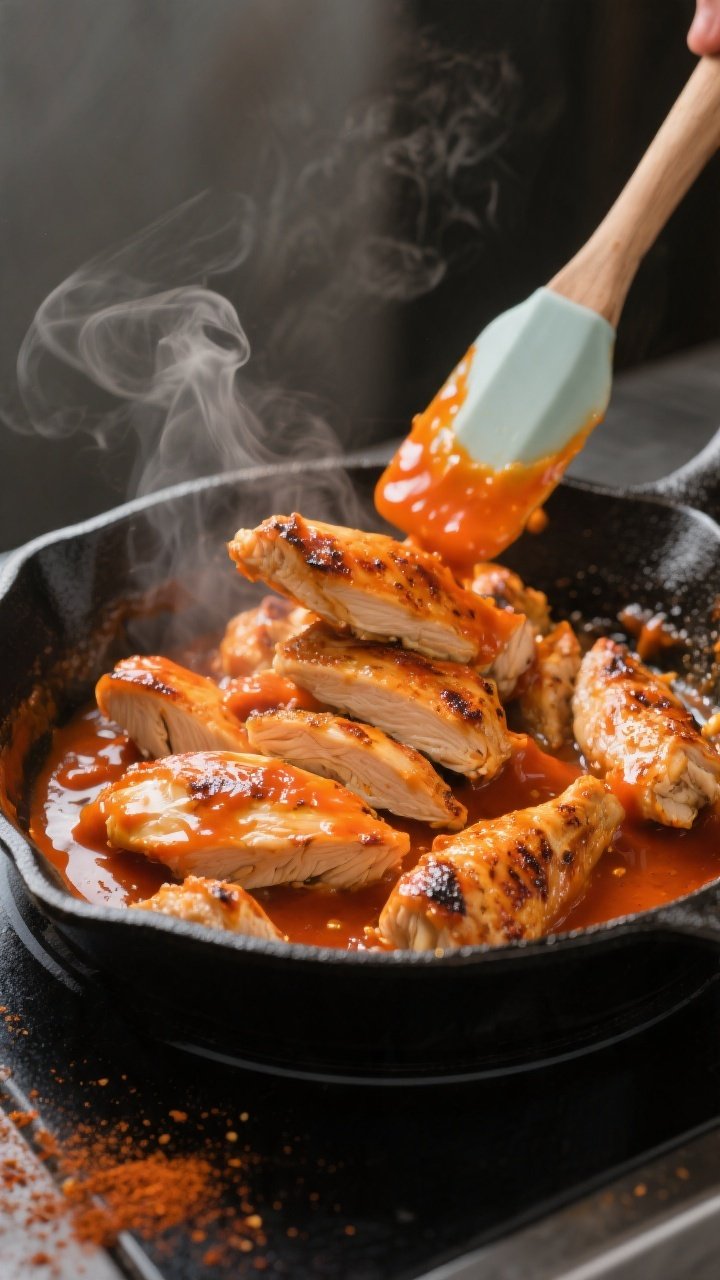 Cooking process close-up: Sliced, just-rested buffalo chicken being tossed in a glossy, orange-red b