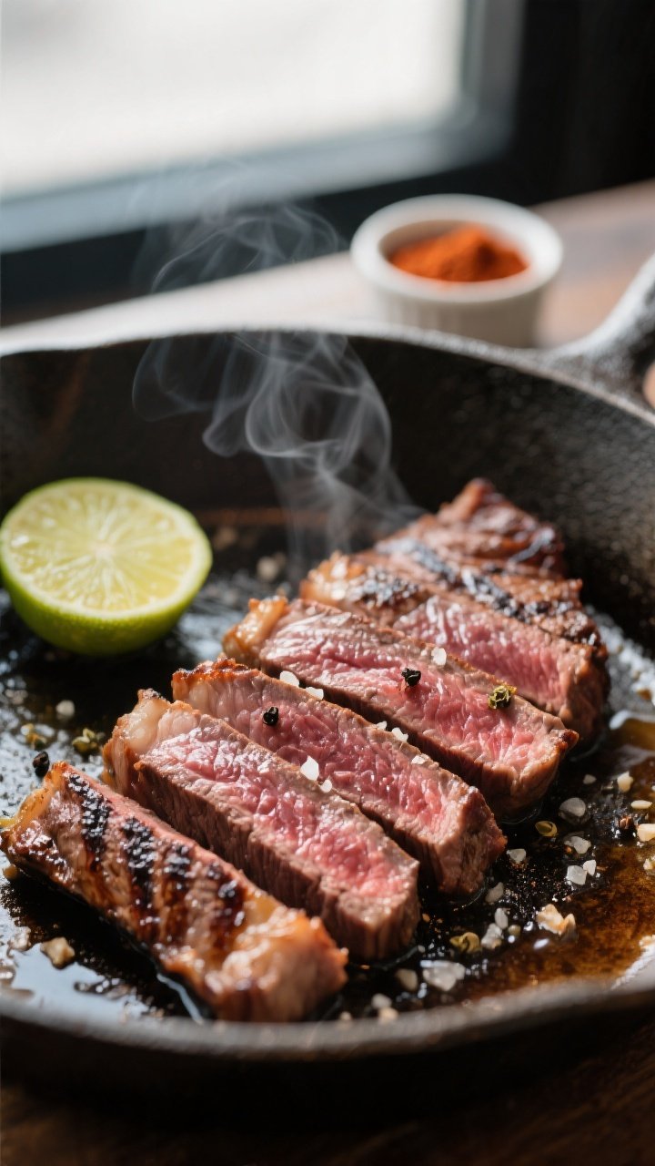Cooking process close-up: Sliced medium-rare flank steak just off the grill, juices glistening, deep