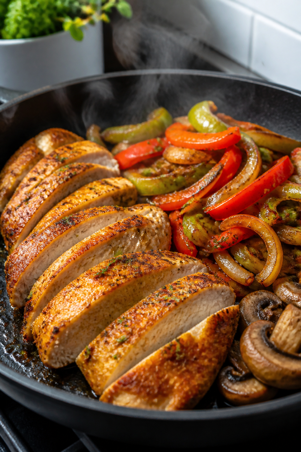 Cooking process close-up: Sliced, seasoned chicken searing in a large skillet with golden-brown edge