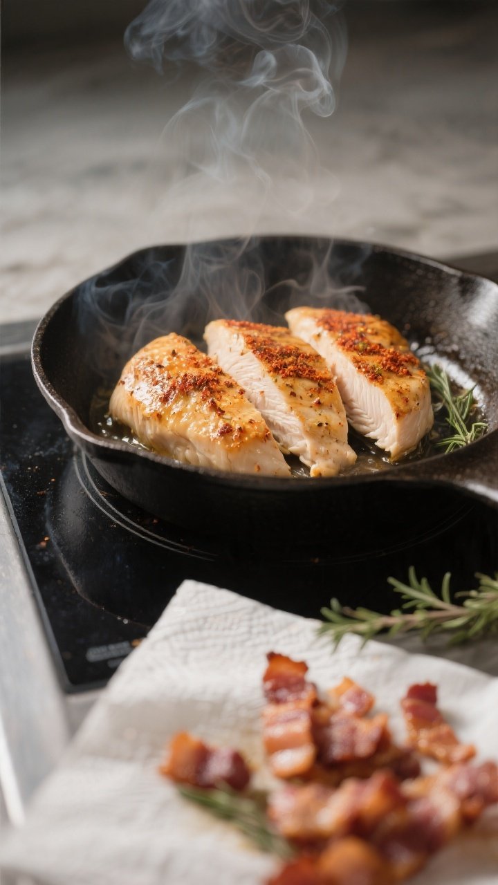 Cooking process close-up: Sliced, well-seasoned chicken breasts searing in a cast-iron skillet with