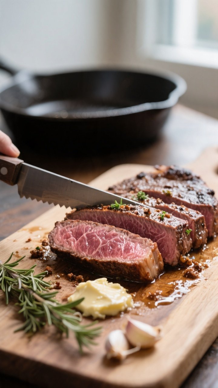 Cooking process close-up: Slicing medium-rare steak just after resting, thin slices fanned on a wood