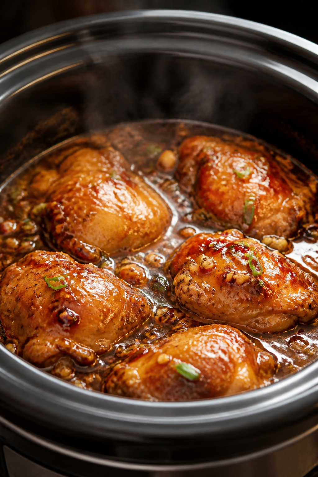 Cooking process, close-up: Tender, browned chicken thighs simmering in a slow cooker, coated in a gl
