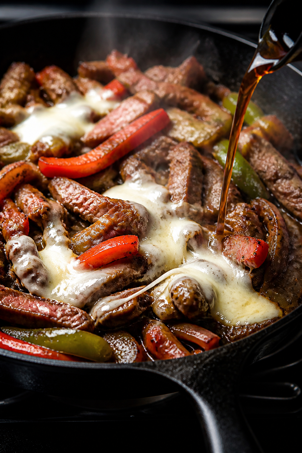 Cooking process close-up: Thin-sliced steak searing in a scorching hot cast-iron skillet alongside s