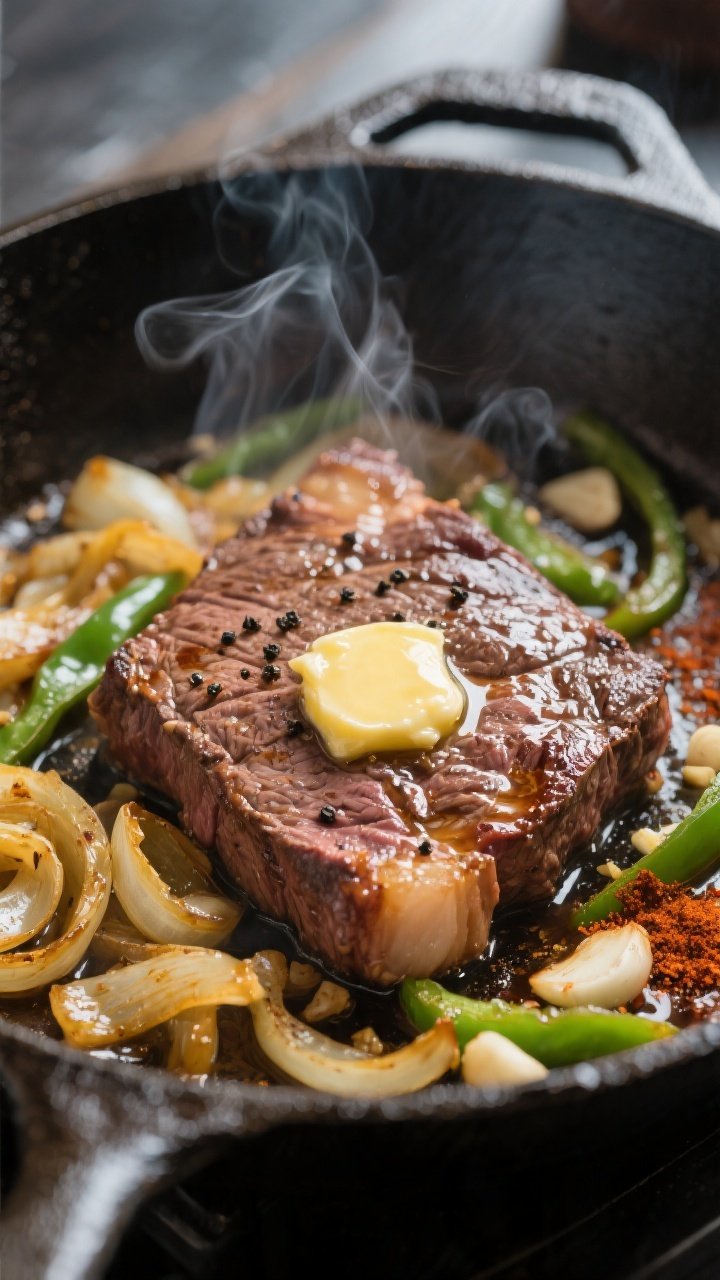 Cooking process close-up: Thinly sliced steak searing in a hot skillet with sautéed golden-brown on
