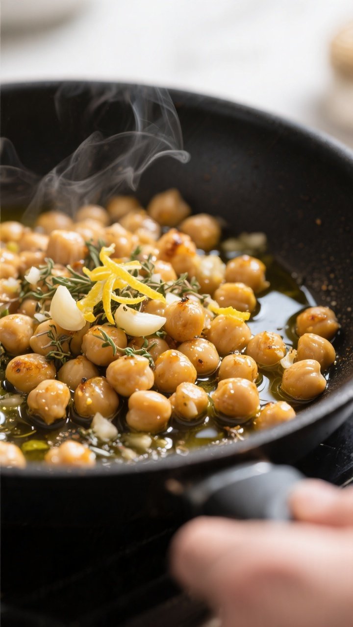 Cooking process close-up: Warm chickpeas glistening in olive oil in a matte black skillet, flecked w