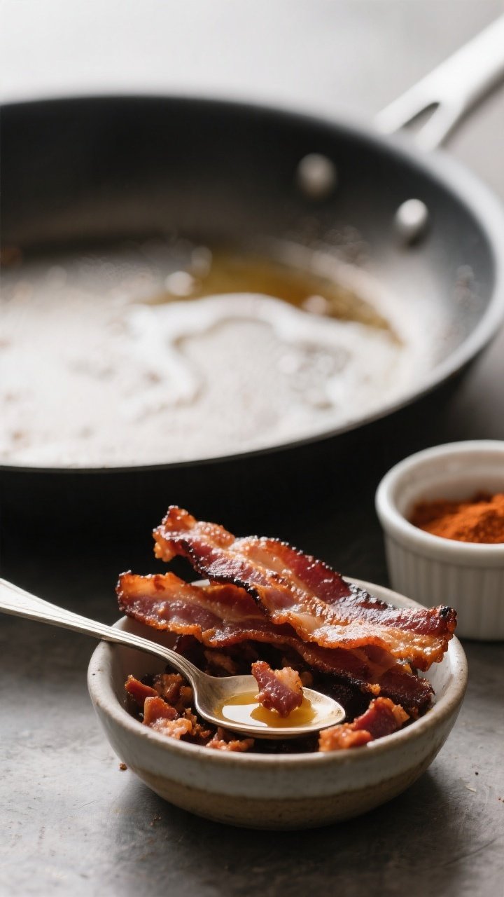 Cooking process – crisp bacon focus: Close-up of thick-cut bacon just cooked to a deep mahogany cr