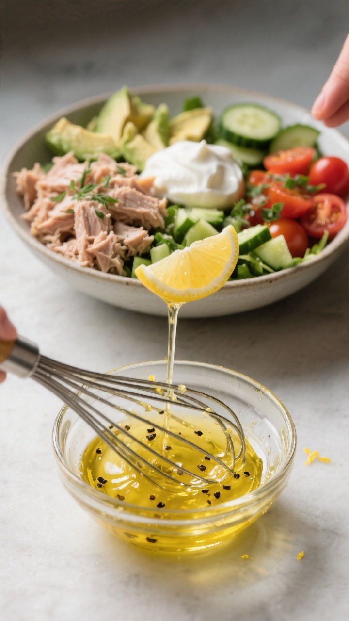 Cooking process: Dressing being whisked in a small glass bowl beside a partially composed salad bowl
