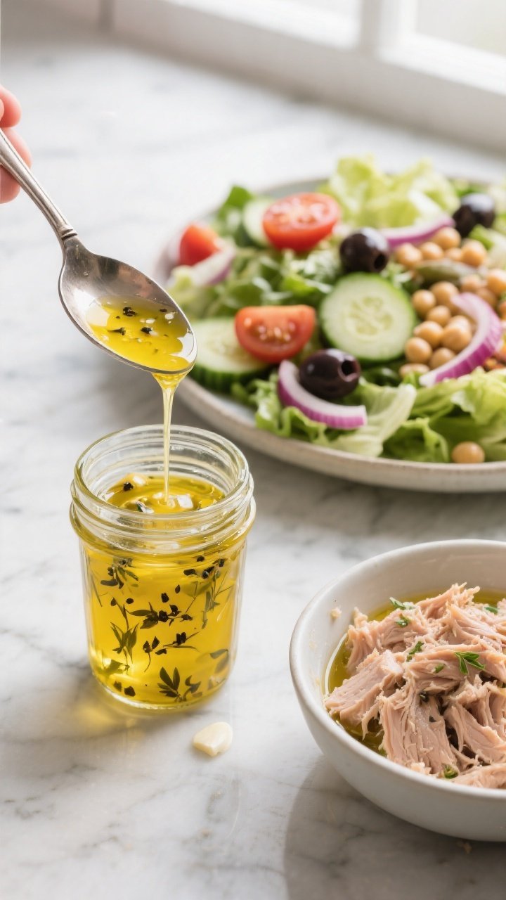 Cooking process — emulsifying the dressing: A small glass jar of glossy lemon–olive oil vinaigre