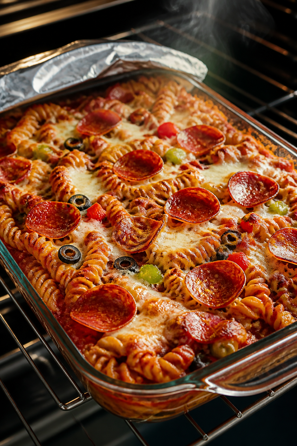 Cooking process — foil-covered bake reveal: A 9x13-inch casserole just uncovered in the oven with 