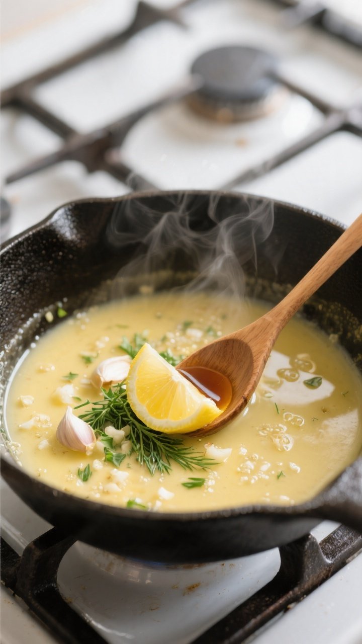 Cooking process: Garlic butter sauce coming together in a cast-iron skillet, melted butter shimmerin