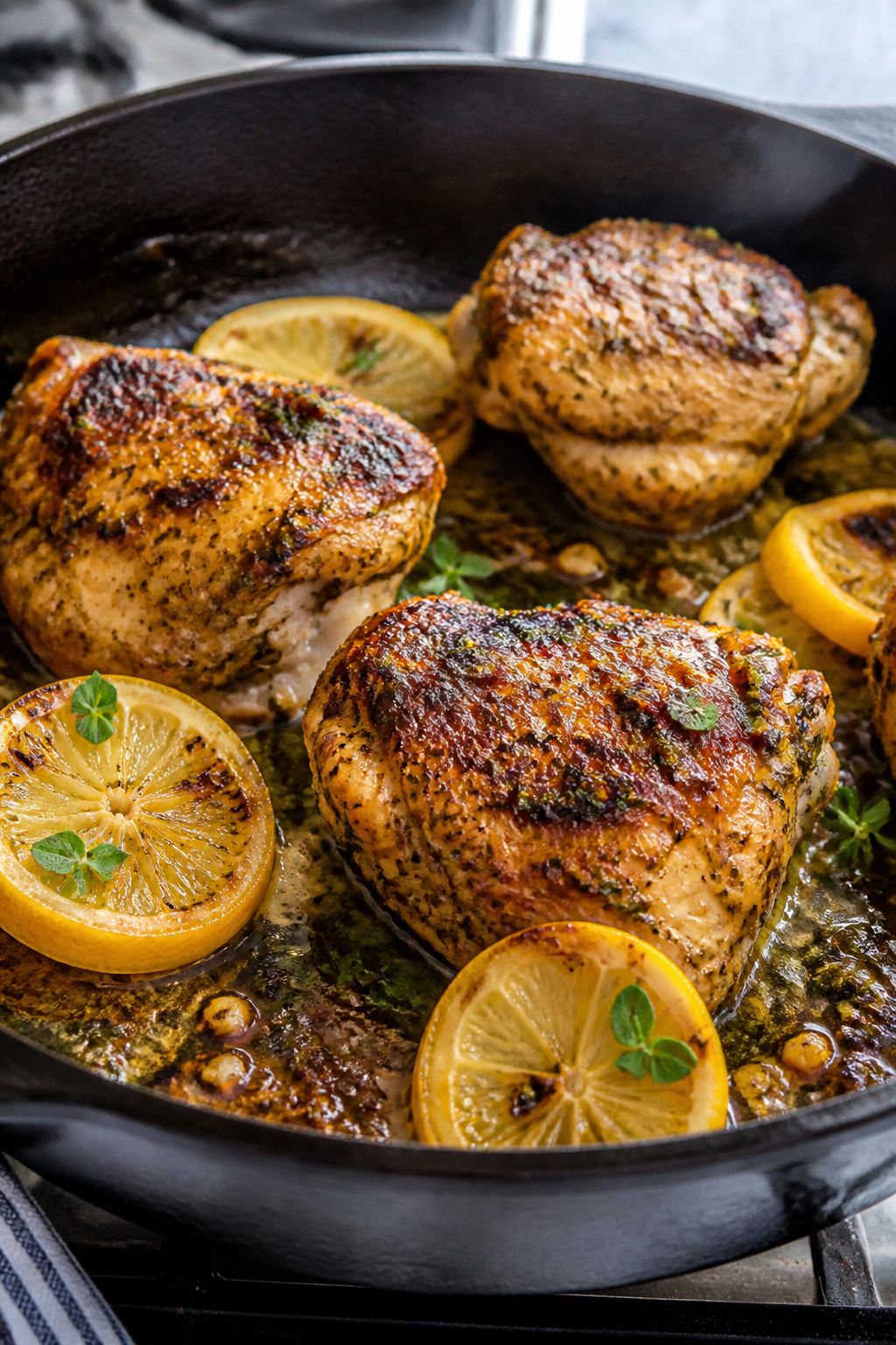Cooking process – Greek lemon-herb chicken searing in a hot cast-iron skillet: golden-brown, caram