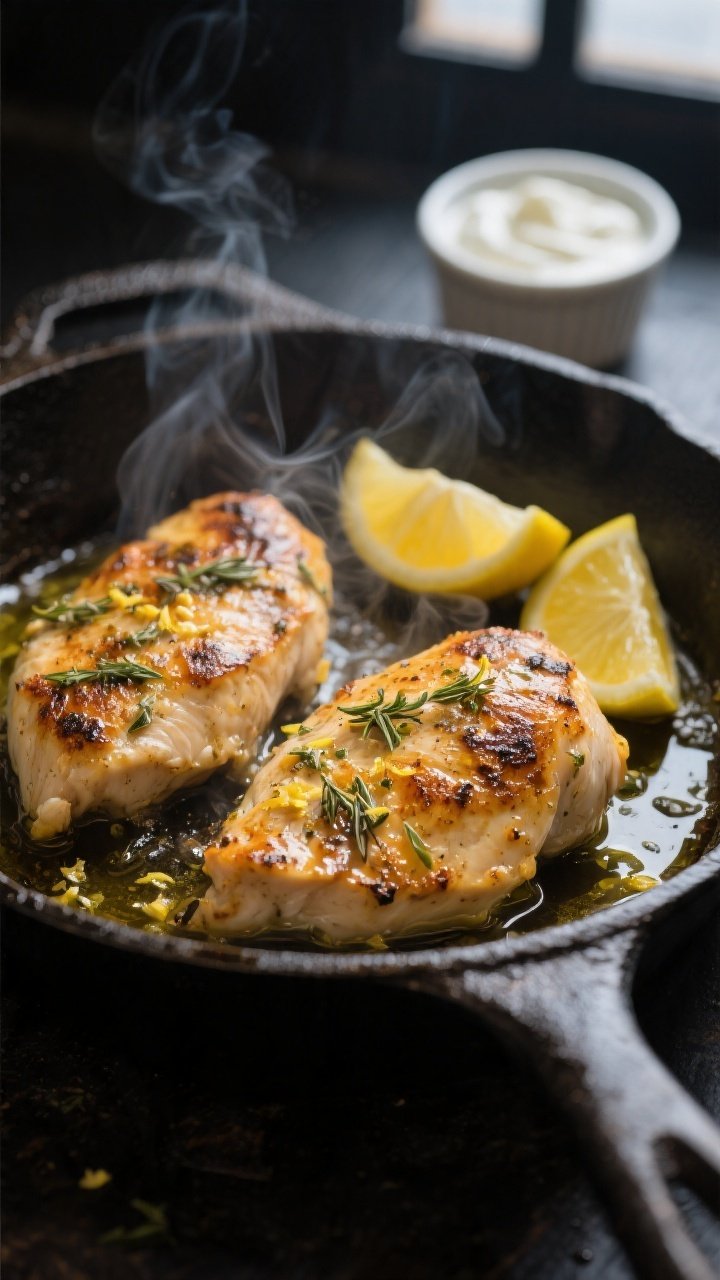 Cooking process: Greek-marinated chicken breasts sizzling in a cast-iron skillet, golden sear with v