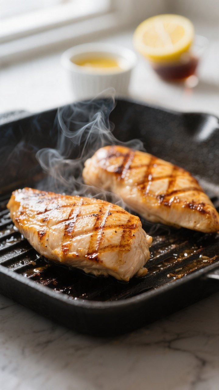 Cooking process, grill action: Juicy grilled chicken breasts sizzling on a hot grill pan, golden-bro