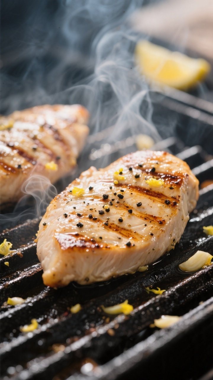 Cooking process, grill action: Juicy lemon pepper chicken breasts sizzling on a preheated grill with