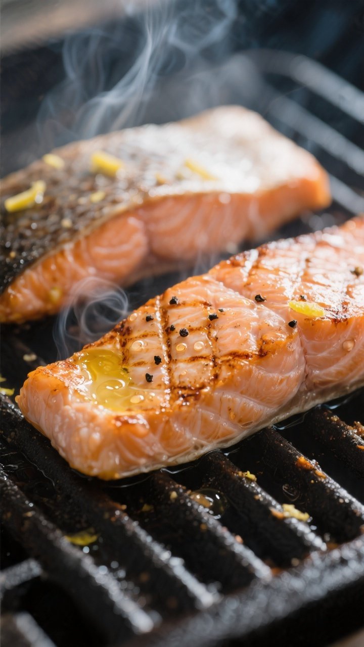 Cooking process, grill moment: Close-up of salmon fillets on a hot grill, skin-side down with define