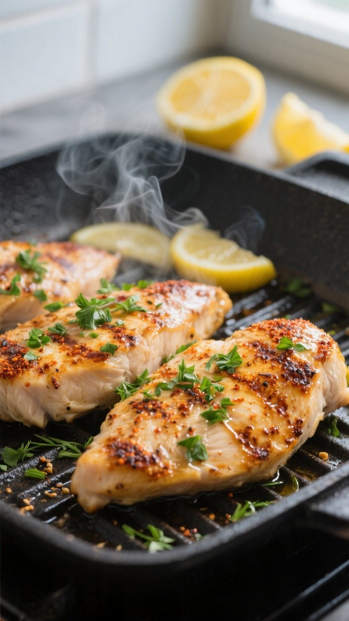 Cooking process, grill sear: Juicy lemon-herb chicken breasts just off the grill, golden char marks
