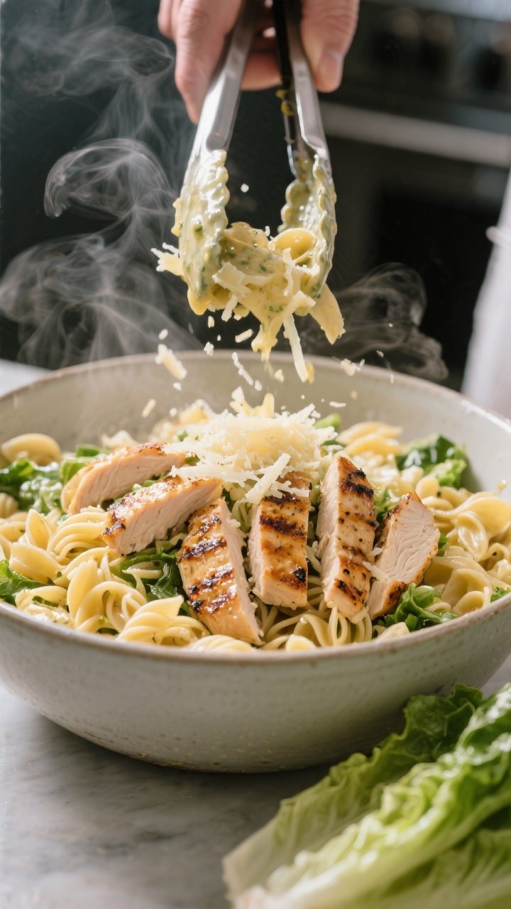 Cooking process: Grilled chicken Caesar pasta salad being assembled in a large mixing bowl—warm gr