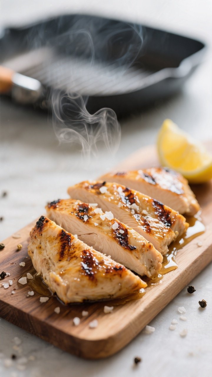 Cooking process — Grilled chicken: Close-up of sliced grilled chicken breasts resting on a wooden 