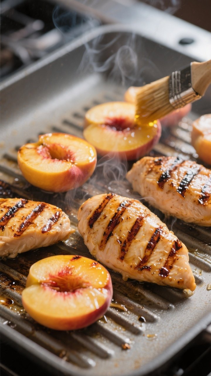 Cooking process: Grilled peach halves and marinated chicken breasts sizzling on a clean, oiled grill