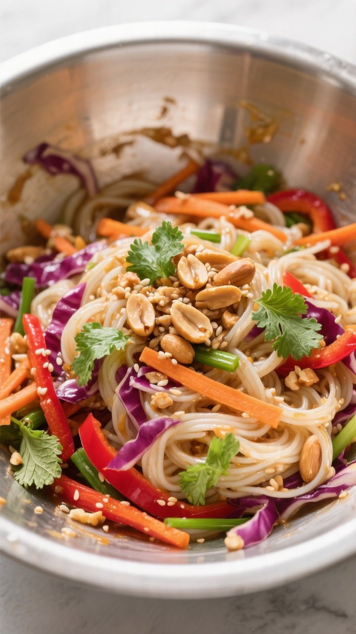 Cooking process: Just-tossed Crunchy Thai Peanut Noodle Salad in a wide stainless mixing bowl, rice