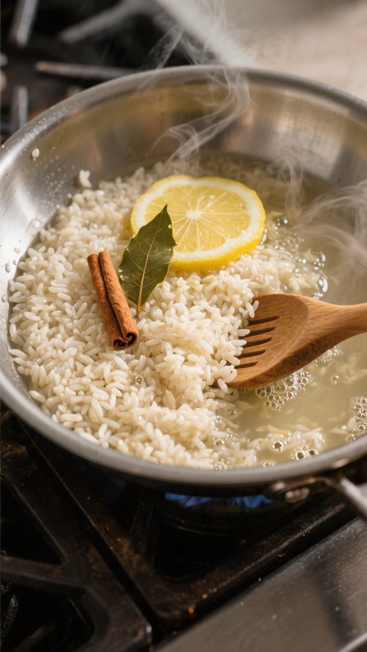 Cooking process: Lemon rice simmering in a wide stainless sauté pan, grains plump and glossy, steam