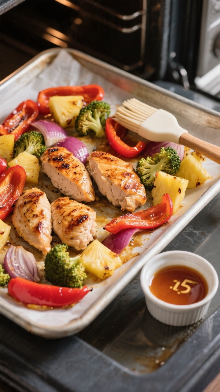 Cooking process, mid-roast: A rimmed sheet pan in the oven at the 15-minute mark, overhead shot as a