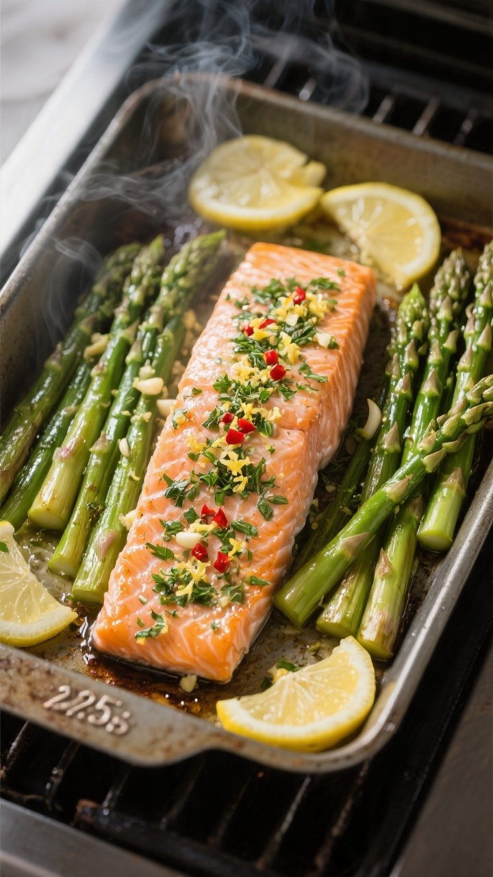 Cooking process: One-pan lemon-herb salmon and asparagus mid-roast at 425°F, overhead shot capturin