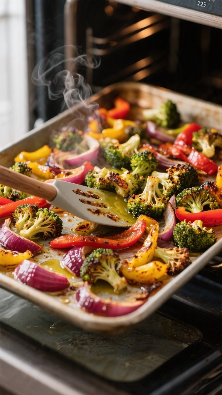 Cooking process: Oven-roasted veggie sheet pan at peak doneness—broccoli florets with charred tips