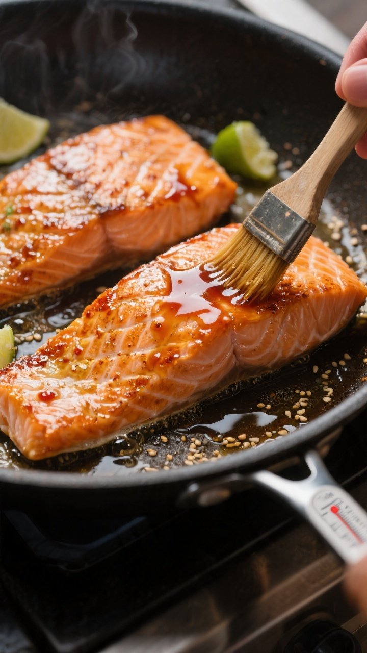 Cooking process: Oven-safe skillet scene at the basting stage—salmon fillets skin-side down, surfa