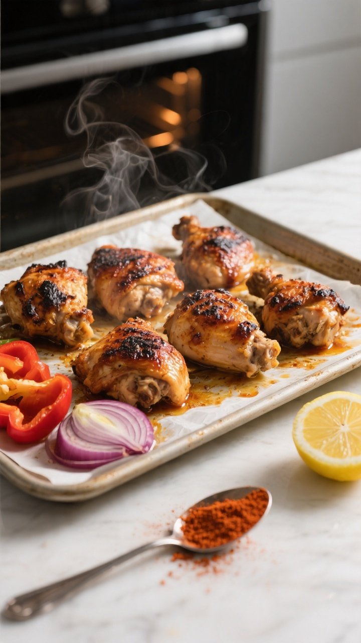 Cooking process: Oven sheet-pan scene of fully cooked shawarma chicken thighs under broiler finish, 