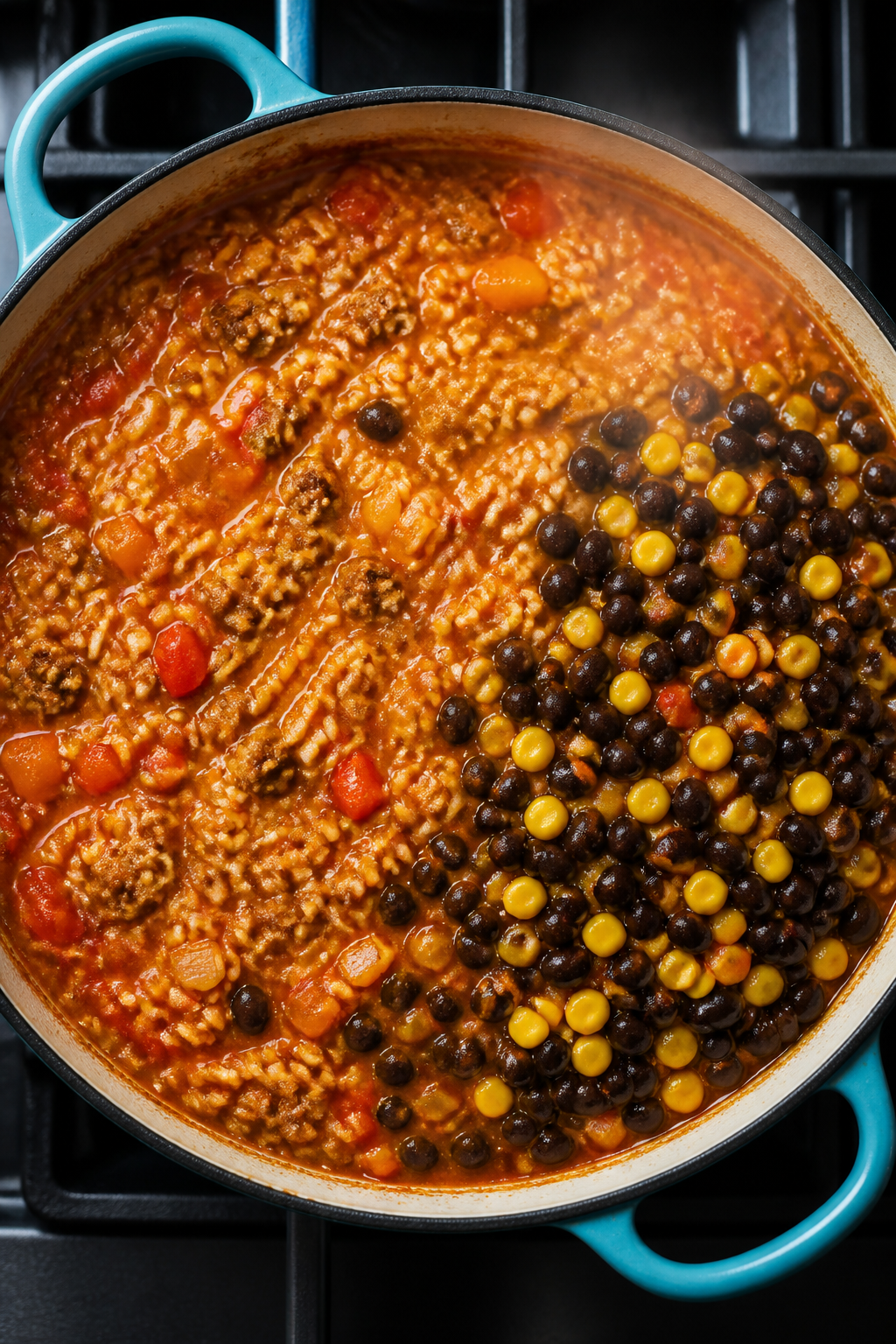 Cooking process, overhead: Overhead shot of a large enameled cast-iron skillet on the stovetop durin