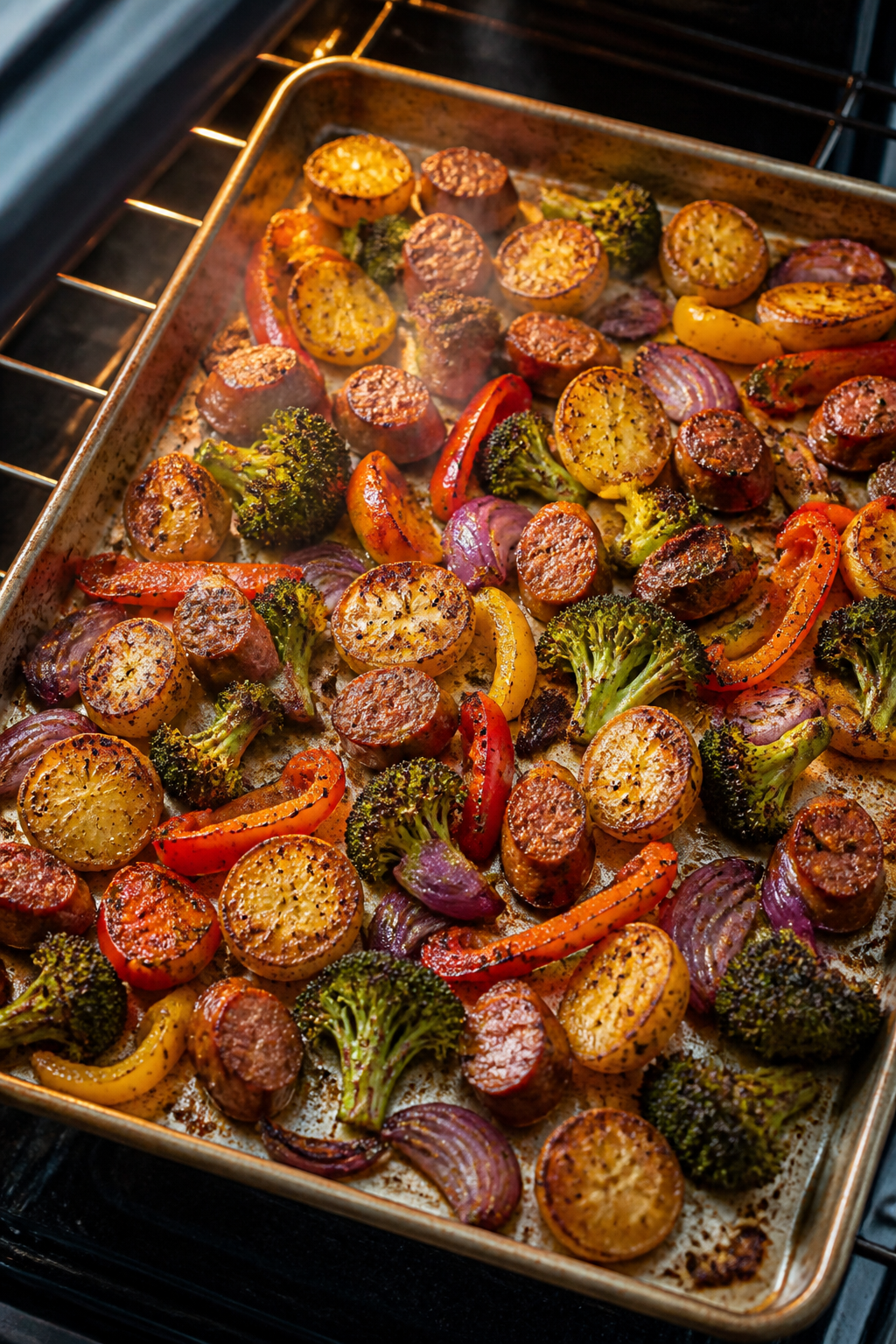 Cooking process, overhead: Overhead shot of a rimmed sheet pan in the oven at peak roast, showing ca