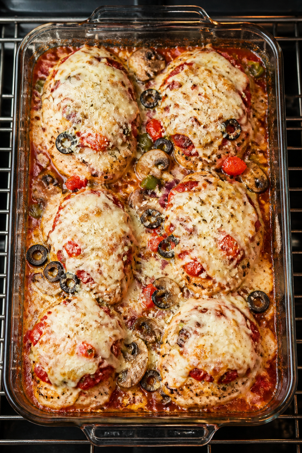 Cooking process: Overhead shot mid-broil of the assembled bake in a 9x13 dish—seared, seasoned chi