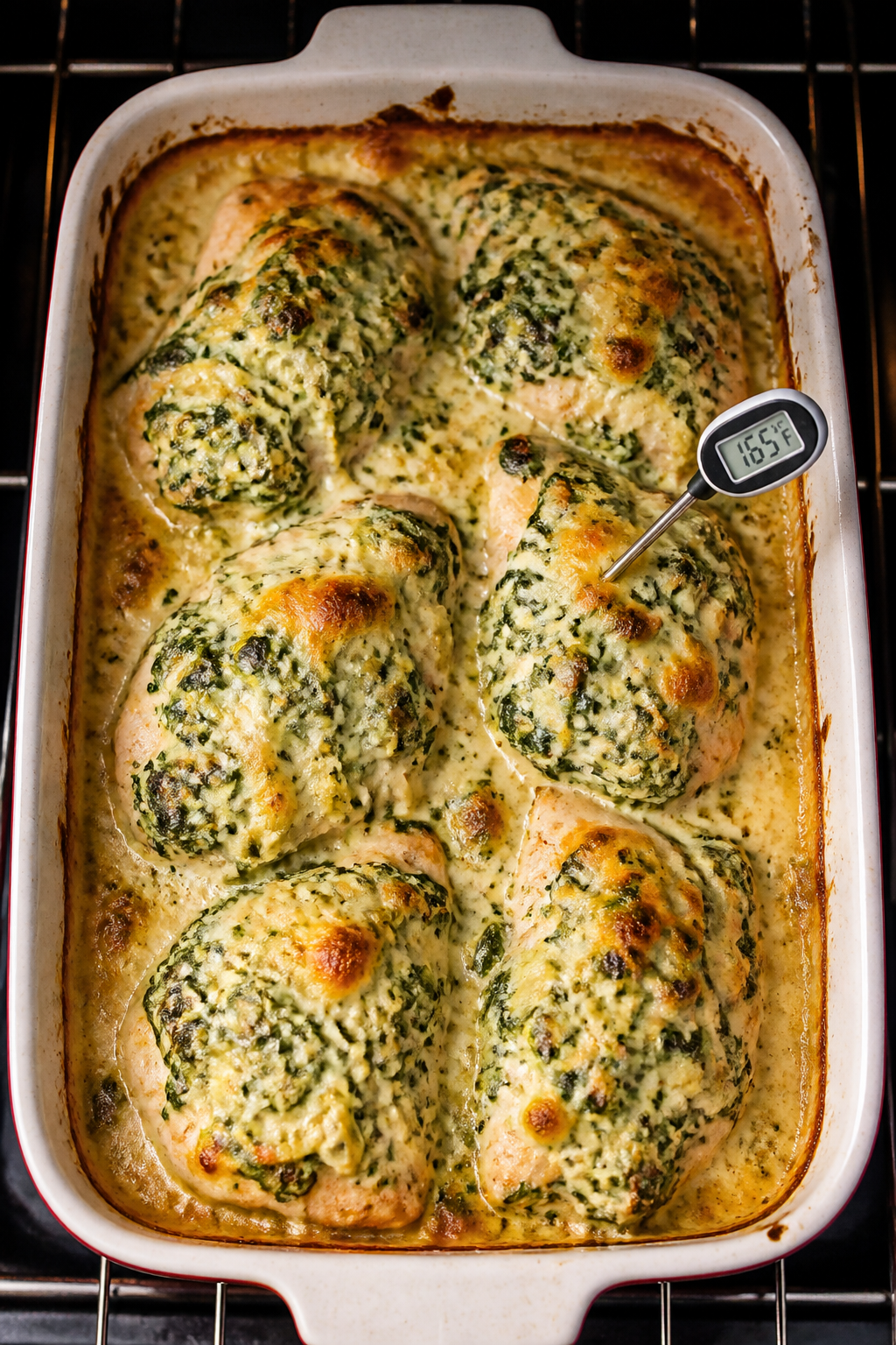 Cooking process: Overhead shot of a 9x13 baking dish in the oven at peak doneness, chicken covered e